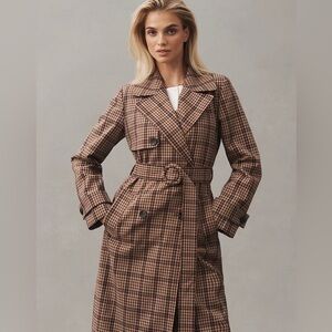 Avec Les Filles Belted Plaid Trench Coat